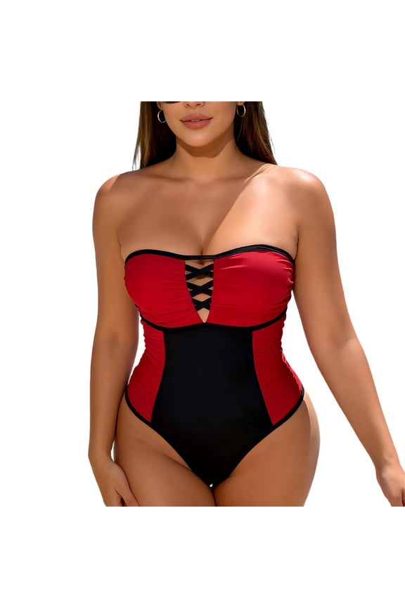 Women One Piece Swimsuit Halter Neck Detachable Strap Cutout Backless Tie Back Lace up Tummy Control Bandeau Strapless Bathing Suits Red