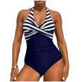 thumbnail image 1 of Xfvqtps Women One Piece Swimsuit Halter Neck Ruched Front Stripe Backless Tummy Control Slimming Bathing Suit for Beach Dark Blue, 1 of 5