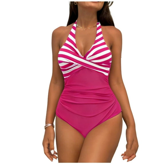 Xfvqtps Women One Piece Swimsuit Halter Neck Ruched Front Stripe Backless Tummy Control Slimming Bathing Suit for Beach Hot Pink