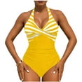 thumbnail image 1 of Xfvqtps Women One Piece Swimsuit Halter Neck Ruched Front Stripe Backless Tummy Control Slimming Bathing Suit for Beach Yellow, 1 of 5