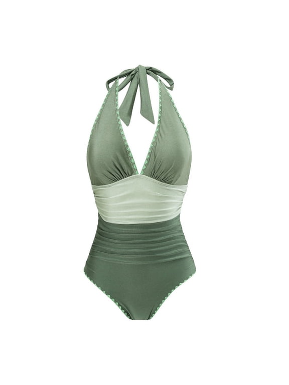 Women One Piece Swimsuit Halter Neck V Neck Ruched Tummy Control Slimming Backless Bathing Suit for Beach Olive Green