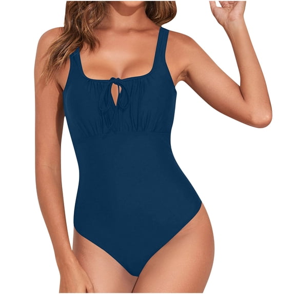 Xfvqtps Women One Piece Swimsuit Square Neck Tie Front Lace up Bow Ruching Sleeveless Tummy Control Slimming Swimwear for Beach Sky Blue
