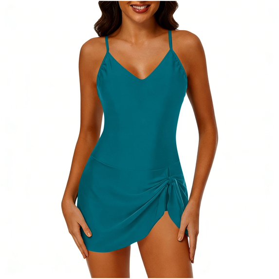Xfvqtps Women One Piece Swimsuit Swim Dress Slit Tie Front V Neck Tummy Control Solid Color Slimming Bathing Suit Green