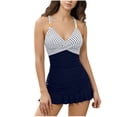 thumbnail image 1 of Xfvqtps Women One Piece Swimsuit Swim Dress Tummy Control Stripe Ruched Bathing Suits V Neck Ruffle Skirt Swimwear Navy, 1 of 7