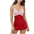 thumbnail image 1 of Xfvqtps Women One Piece Swimsuit Swim Dress Tummy Control Stripe Ruched Bathing Suits V Neck Ruffle Skirt Swimwear Red, 1 of 7
