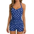 thumbnail image 1 of Xfvqtps Women One Piece Swimsuit Swim Rompers Polka Dot Halter Neck Tie Back Lace up Backless Ruched Front Tummy Control Bathing Suit for Beach Blue, 1 of 5