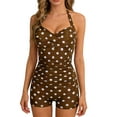 thumbnail image 1 of Xfvqtps Women One Piece Swimsuit Swim Rompers Polka Dot Halter Neck Tie Back Lace up Backless Ruched Front Tummy Control Bathing Suit for Beach Brown, 1 of 5