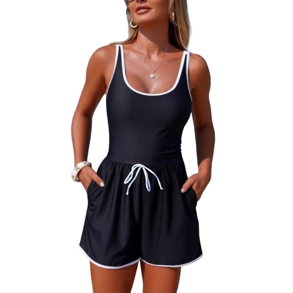 Xfvqtps Women One Piece Swimsuit Swim Rompers with Pockets Round Neck Drawstring Sports Modest Swimsuits Jumpsuit Black