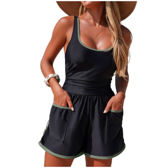 Xfvqtps Women One Piece Swimsuit Swim Rompers with Pockets Round Neck Sports Modest Swimsuits Jumpsuit Olive Green