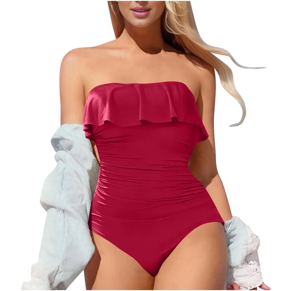 Xfvqtps Women One Piece Swimsuit Tube Swimwear Ruffle Sleeveless Solid Color Tummy Control Slimming Bandeau Swimsuit for Beach Red