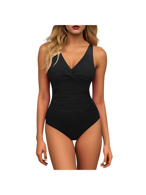 Women One Piece Swimsuit V Neck Tummy Control Solid Color Slimming Backless Adjustable Strap Bathing Suit for Beach Black
