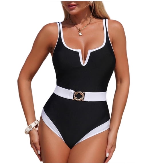 Xfvqtps Women One Piece Swimsuit with Belt Removable Padding Tummy Control Slimming Adjustable Straps V Neck Bathing Suit for Beach Black
