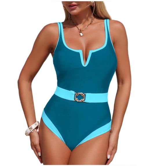 Xfvqtps Women One Piece Swimsuit with Belt Removable Padding Tummy Control Slimming Adjustable Straps V Neck Bathing Suit for Beach Blue