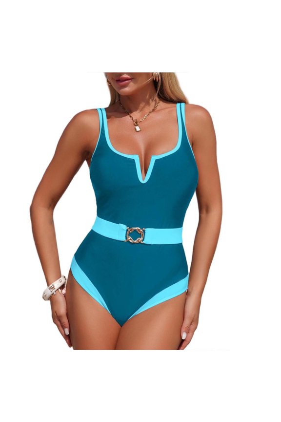 Women One Piece Swimsuit with Belt Removable Padding Tummy Control Slimming Adjustable Straps V Neck Bathing Suit for Beach Blue