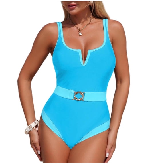 Xfvqtps Women One Piece Swimsuit with Belt Removable Padding Tummy Control Slimming Adjustable Straps V Neck Bathing Suit for Beach Light Blue