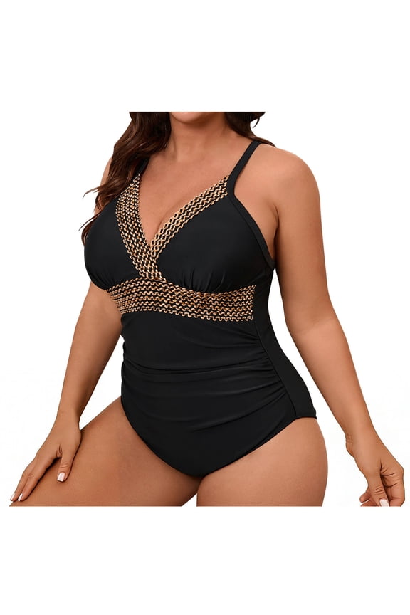 Women Plus Size One Piece Swimsuit Sequin V Neck Adjustable Cross Straps Tummy Control Slimming Bathing Suit Black