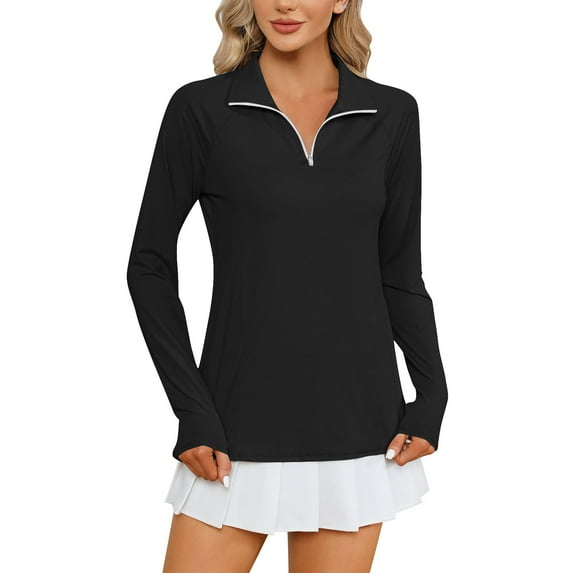 Xfvqtps Women Pullover Sun Protection 1/4 Zip Summer Quick Dry Hiking Shirts Quarter Zip Long Sleeve Shirts for Women Black