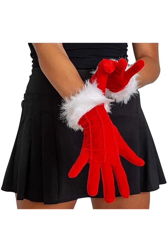 Women Red Velvet Gloves with White Furry Cuff Fluffy Santa Christmas Party Bride Wedding Red
