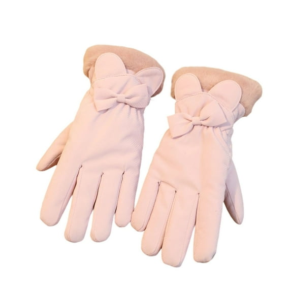 Xfvqtps Women Ski Gloves with Plush Lined Touchscreen Solid Color Cute Bow Winter Warm Mittens for Women Pink