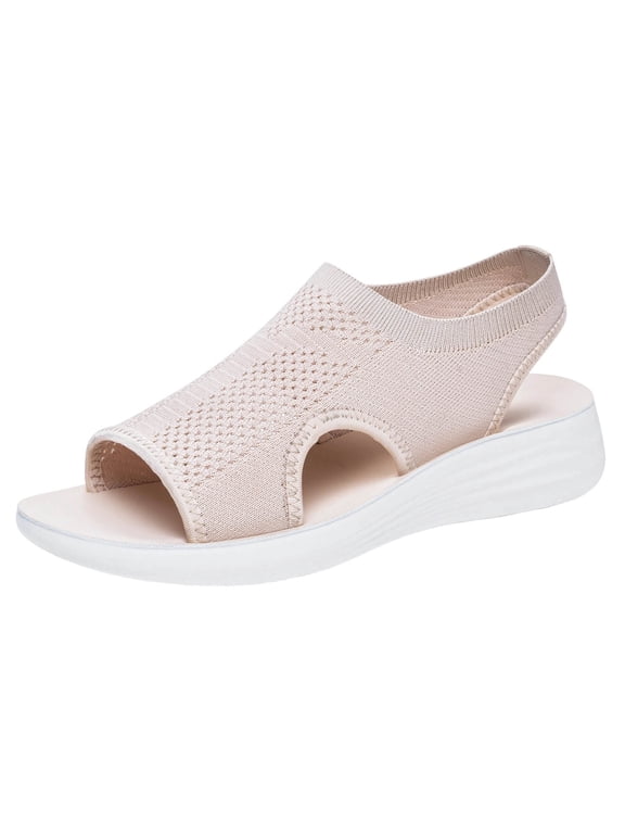 Women Slip on Sandals Knit Mesh Breathable Flat Sole Peep Toe Casual Summer Comfortable Roman Sporty Slide Shoes