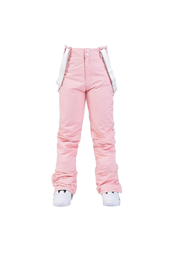 Women Snow Pants Ski Bibs Snowboarding Adjustable Straps Solid Color Thermal Warm Waterproof Windproof Winter Overalls Pink