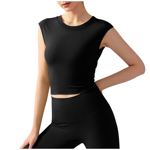 Xfvqtps Women Spring/Summer Yoga Short Sleeved Fixed Chest Cushion Backless Short Sports T-Shirt Waist Tight Fitness Tank Top Sports Bra Black