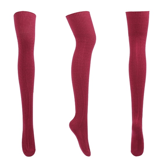 Xfvqtps Women Striped Solid Color Cotton Knit Over the Knee Premium Comfort Soft Cozy Warm Winter Stockings Wine