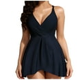 thumbnail image 1 of Xfvqtps Women Swim Dress V Neck Ruched Front Adjustable Cross Straps Tummy Control Solid Color Swimwear Modest One Piece Swimsuit Black, 1 of 6