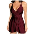 thumbnail image 1 of Xfvqtps Women Swim Dress V Neck Ruched Front Adjustable Cross Straps Tummy Control Solid Color Swimwear Modest One Piece Swimsuit Burgundy, 1 of 5