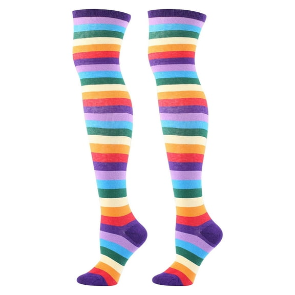Xfvqtps Women Thigh High Socks Rainbow Stripes Colorful Over the Knee Party Cotton Stockings Purple
