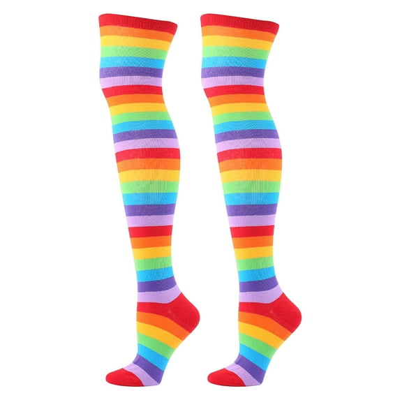 Xfvqtps Women Thigh High Socks Rainbow Stripes Colorful Over the Knee Party Cotton Stockings Red