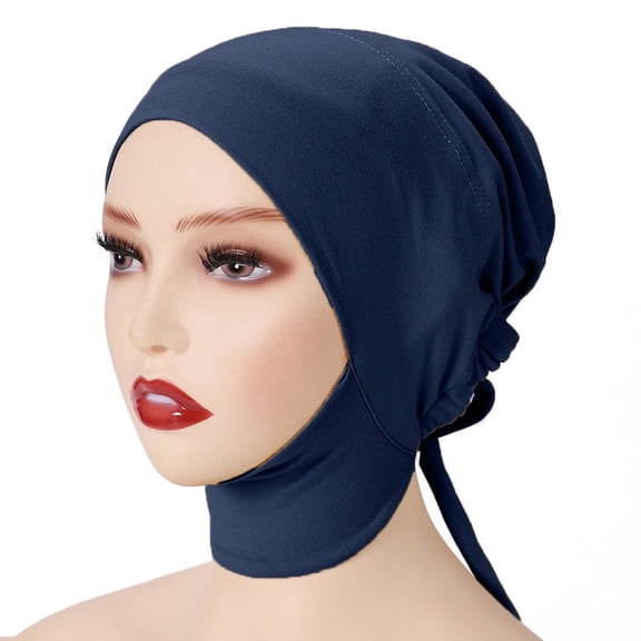 Xfvqtps Women Turban Hijab with Tie-Back Closure Islamic Muslim Solid Color Soft Head Wraps Navy