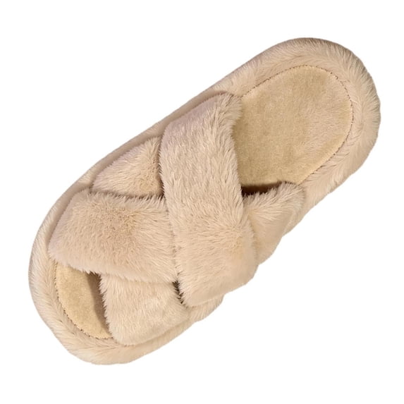 Xfvqtps Women Winter Crisscross Open Toe Faux Fur Slide Slippers Soft Plush House Slippers Non Slip Flat Indoor Shoes