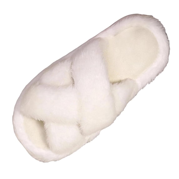 Xfvqtps Women Winter Crisscross Open Toe Faux Fur Slide Slippers Soft Plush House Slippers Non Slip Flat Indoor Shoes
