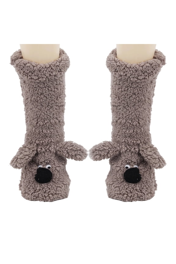 Women Wool Socks Extra Thick Winter Warm Cute Animals Mid Tube Home Floor Socks Brown