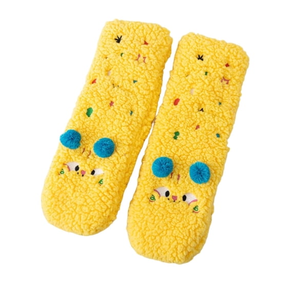 Xfvqtps Women Wool Socks Extra Thick Winter Warm Cute Embroidery Non Slip Home Cotton Floor Socks Yellow