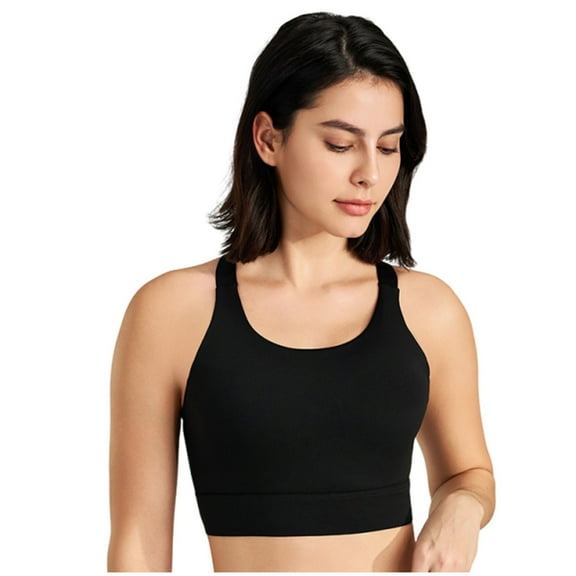 Xfvqtps Women Workout Bra Tank Top Back Buckle Cross Straps Solid Color Fit High Impact Push up Sports Bra Built-in Bra Crop Top Black