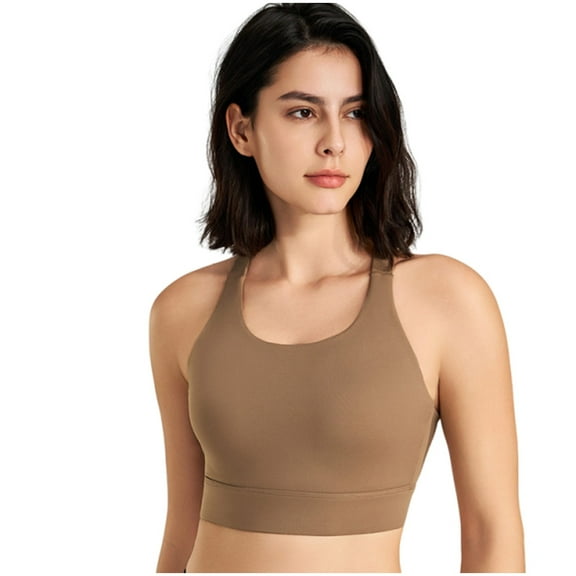 Xfvqtps Women Workout Bra Tank Top Back Buckle Cross Straps Solid Color Fit High Impact Push up Sports Bra Built-in Bra Crop Top Coffee