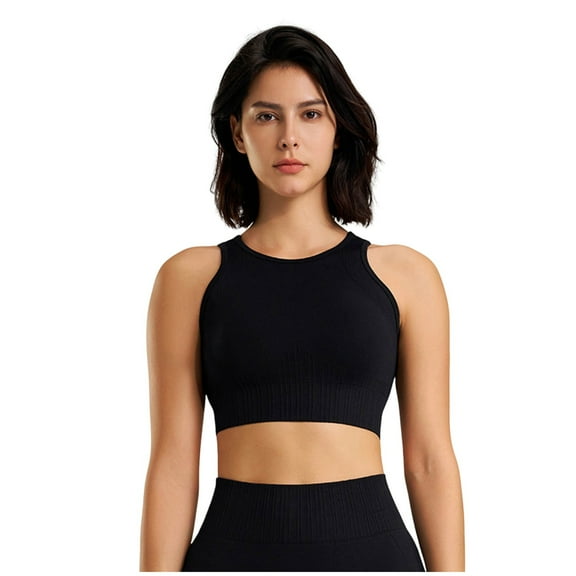 Xfvqtps Women Workout Bra Tank Top Sleeveless Rib Push up Sports Bra Built-in Bra Crop Top Black