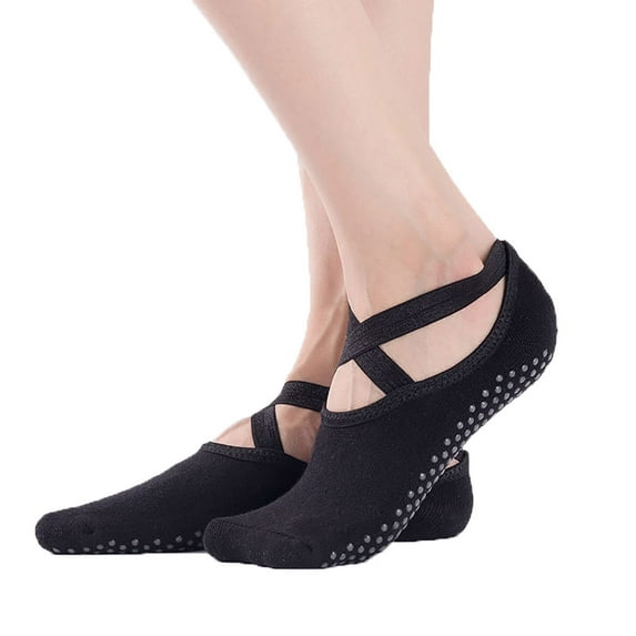 Xfvqtps Women Yoga Socks with Grip Non Slip Sweat Absorbing Cross Elastic Straps Socks for Sports Pilates Dance Black