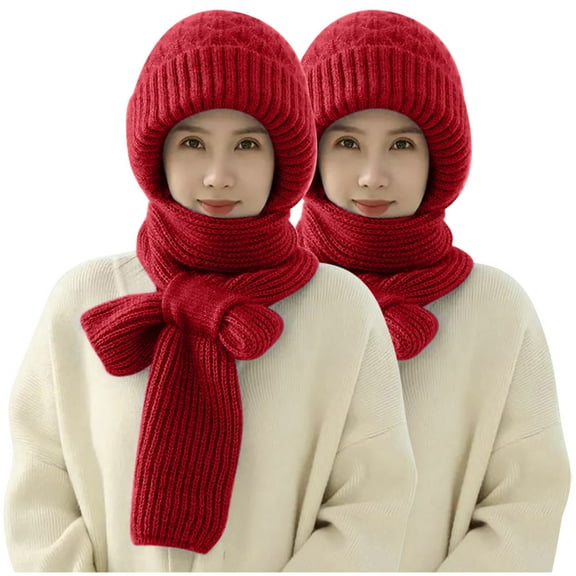 Xfvqtps Womens 2 PCS Beanie Scarf Integrated Knitted Crochet Solid Color Cuffed Thickened Windproof Coldproof Warm Outdoor Cycling Winter Hat Scarf Set Wine*2