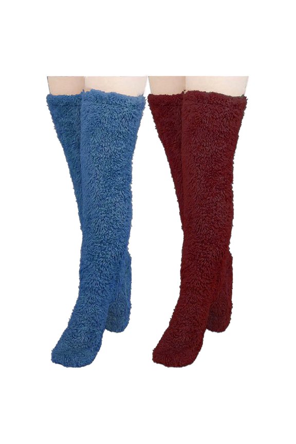 Womens 2 Pairs High Fuzzy Socks Over Knee Thigh High Leg Warmers Socks Solid Color Home Sleeping Plush Slipper Blue+Wine