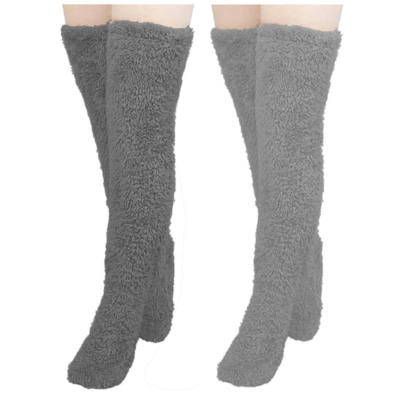 Xfvqtps Womens 2 Pairs High Fuzzy Socks Over Knee Thigh High Leg Warmers Socks Solid Color Home Sleeping Plush Slipper Gray+Dark Gray