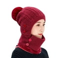thumbnail image 1 of Xfvqtps Womens 3 in 1 Beanie Face Neck Warmer Set Knit Fleece Lining Solid Color Fuzzy Pompom Stretch Windproof Coldproof Warm Thickened Winter One Piece Skull Cap Neck Circle Scarf Set Wine, 1 of 6