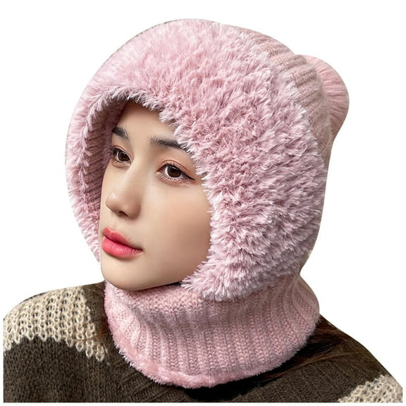 Xfvqtps Womens 3 in 1 Beanie Face Neck Warmer Set Knit Plush Brim Pompom Stretch Windproof Coldproof Warm Thickened Winter One Piece Skull Cap Neck Circle Scarf Set Pink