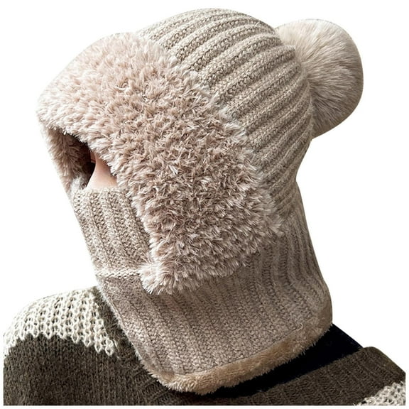 Xfvqtps Womens 3 in 1 Beanie Face Neck Warmer Set Knit Plush Brim Pompom Stretch Windproof Coldproof Warm Thickened Winter One Piece Skull Cap Neck Circle Scarf Set Khaki