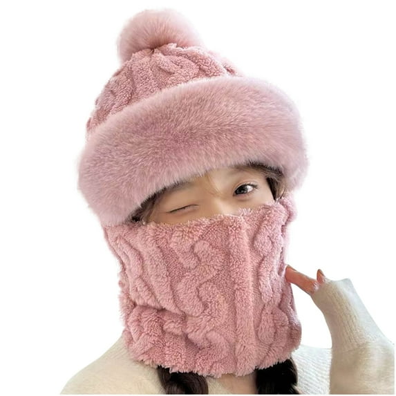 Xfvqtps Womens 3 in 1 Beanie Neck Scarf and Mask Plush Brim Cute Pompom Furry Solid Color Thickened Windproof Coldproof Warm Outdoor Cycling Winter Headband Cap Pink