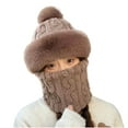 thumbnail image 1 of Xfvqtps Womens 3 in 1 Beanie Neck Scarf and Mask Plush Brim Cute Pompom Furry Solid Color Thickened Windproof Coldproof Warm Outdoor Cycling Winter Headband Cap Coffee, 1 of 4