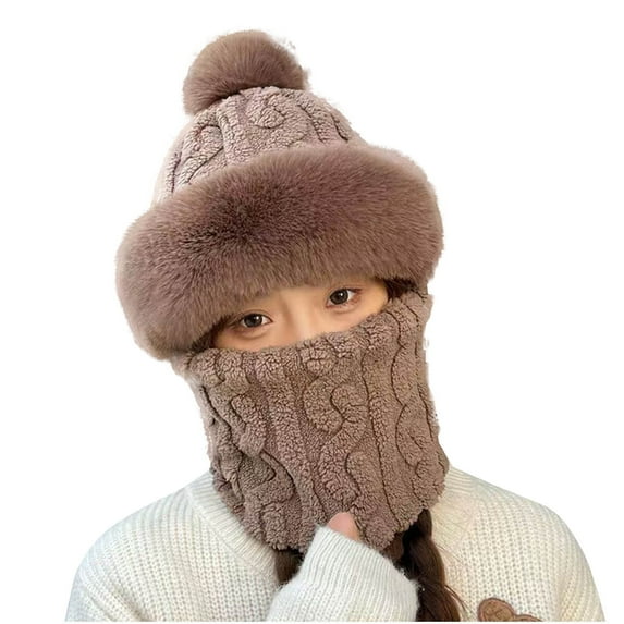 Xfvqtps Womens 3 in 1 Beanie Neck Scarf and Mask Plush Brim Cute Pompom Furry Solid Color Thickened Windproof Coldproof Warm Outdoor Cycling Winter Headband Cap Coffee