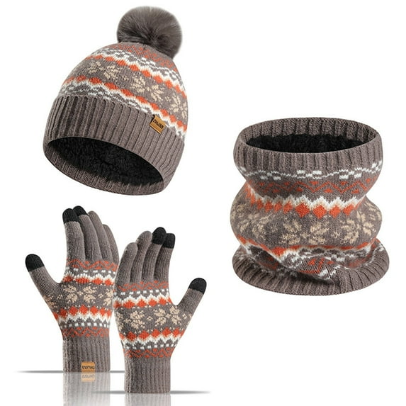 Xfvqtps Womens 3 Piece Sets Beanie Scarf and Mittens Knitted Fashion Pattern Plush Pompom Windproof Coldproof Warm Fall Winter Hat Scarf and Glove 3PCS Outfits Set Khaki